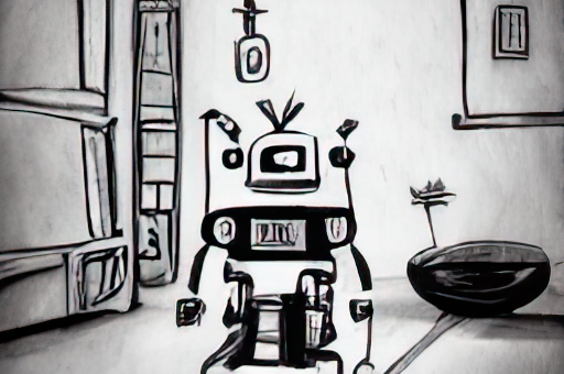 Schizzo di un piccolo robot in una piccola stanza, inchiostro, bianco e nero